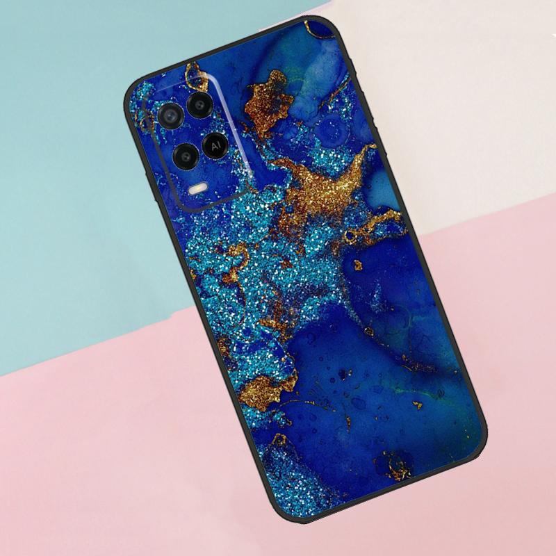 Gold Indigo Faux Malachite For Oppo A40 A60 A80 A18 A38 A58 A78 A98 A79 A16 A76 A96 A15 A74 A94 A54 A77 A17 Phone Case