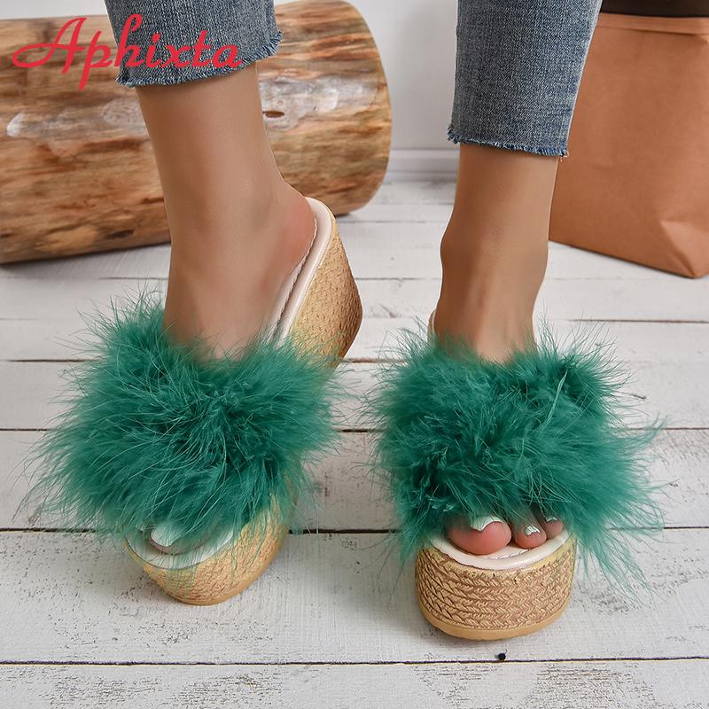 Fashion Aphixta Furry Green Wedge Platform Slides Women's Shoes 9cm Slippers Flip Flops Heels Shoes Beach Sandals Plus Size 43