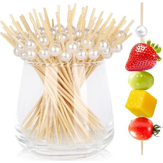 200 Cocktail Picks, White Pearl Fancy Toothpicks for Appetizers Drinks Fruit Food, 4.7 IN Long Bamboo Skewers Wood Cocktail Sticks for Wedding Bridal White Pearl