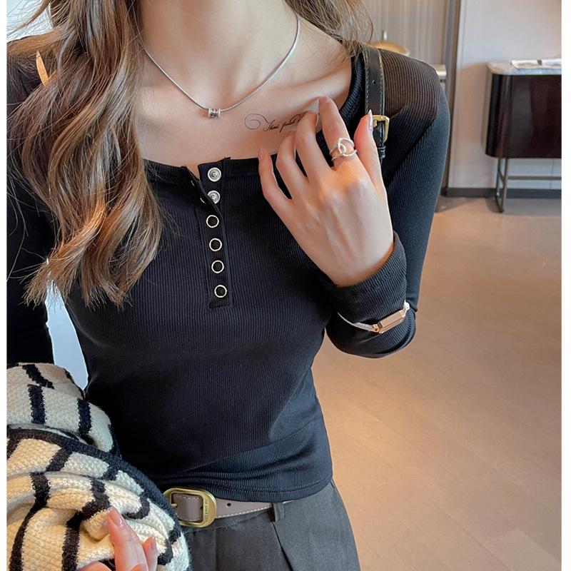 Ribbed Button Long Sleeve Base Layer Women Inner Wear Design Structured Shoulder T Shirt Premium Can Be Outer Wear Autumn Winter Top