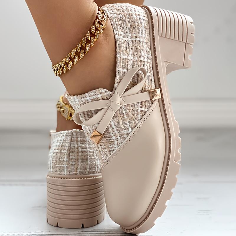 Tweed Patch Bowknot Decor Chunky Heel Loafers