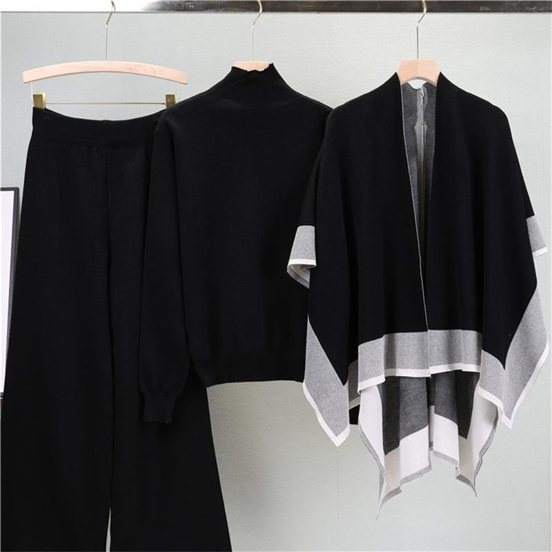 Women's Autumn Shawl Knitted Sweater Loose Wide Leg Pants Three Piece Suit Fashionable Casual Jacket Sweater Suit