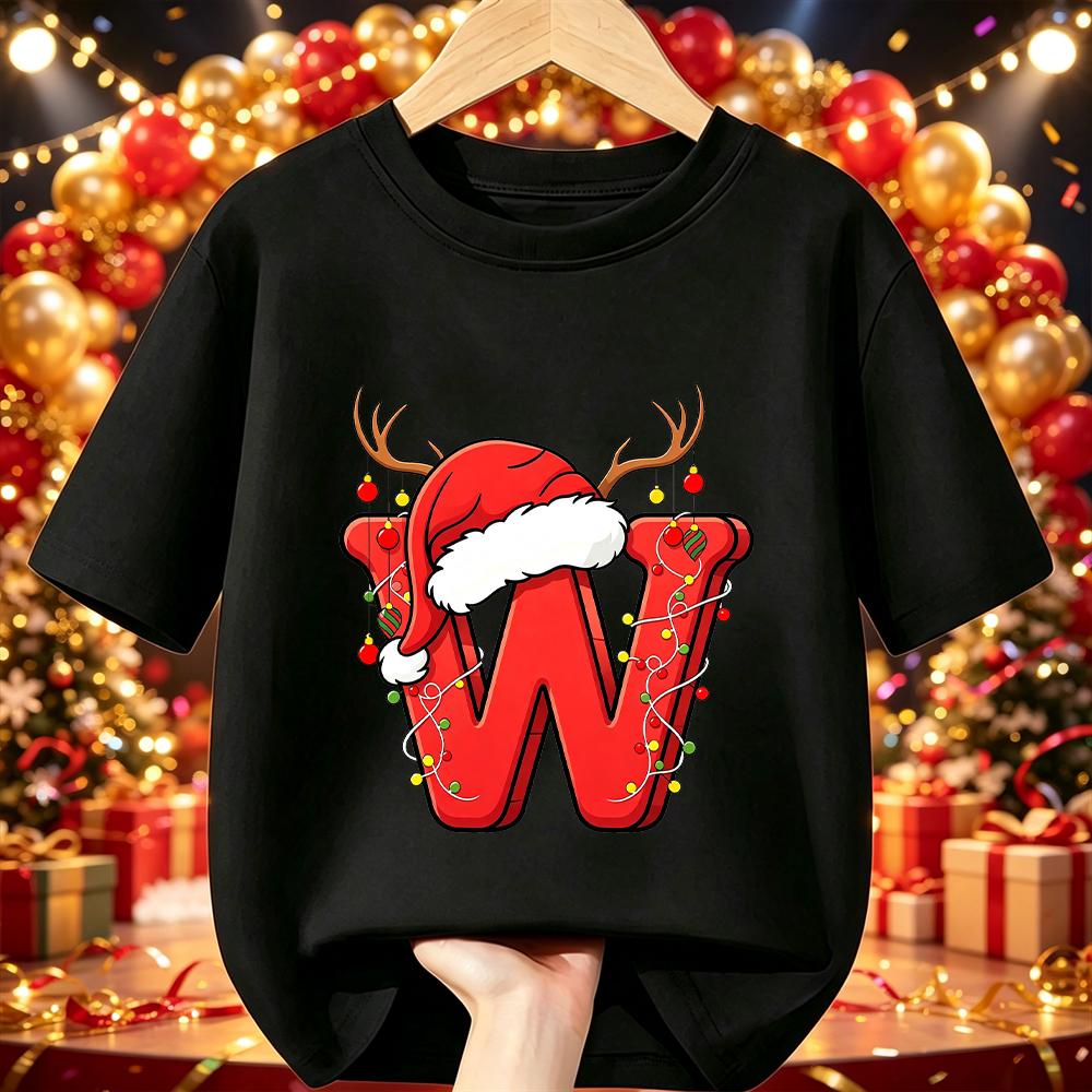 Cotton Kids Christmas T‑Shirt Cartoon Santa Antlers String Light A‑Z Print Short Sleeve O‑Neck X‑mas Party Tee Children Clothing