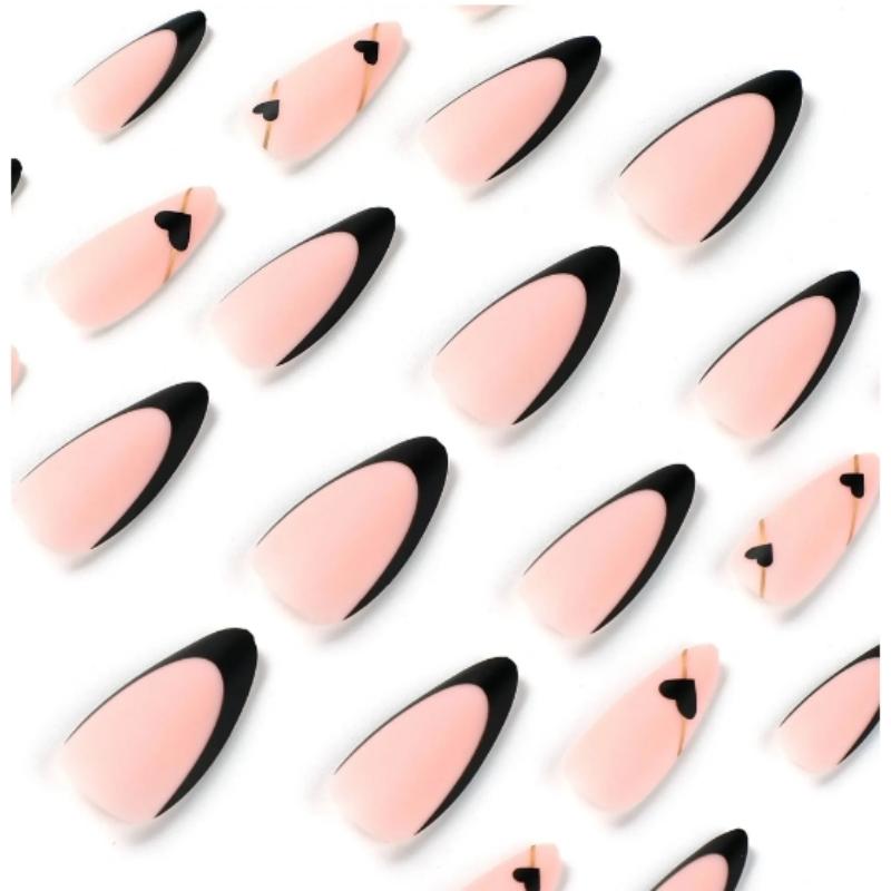 Long French Heart Gold Thread Nails with 1 Jelly Glue and 1 Nail File Press On Nails Black Coffee Almond Nails 15 Sizes Pre-app
