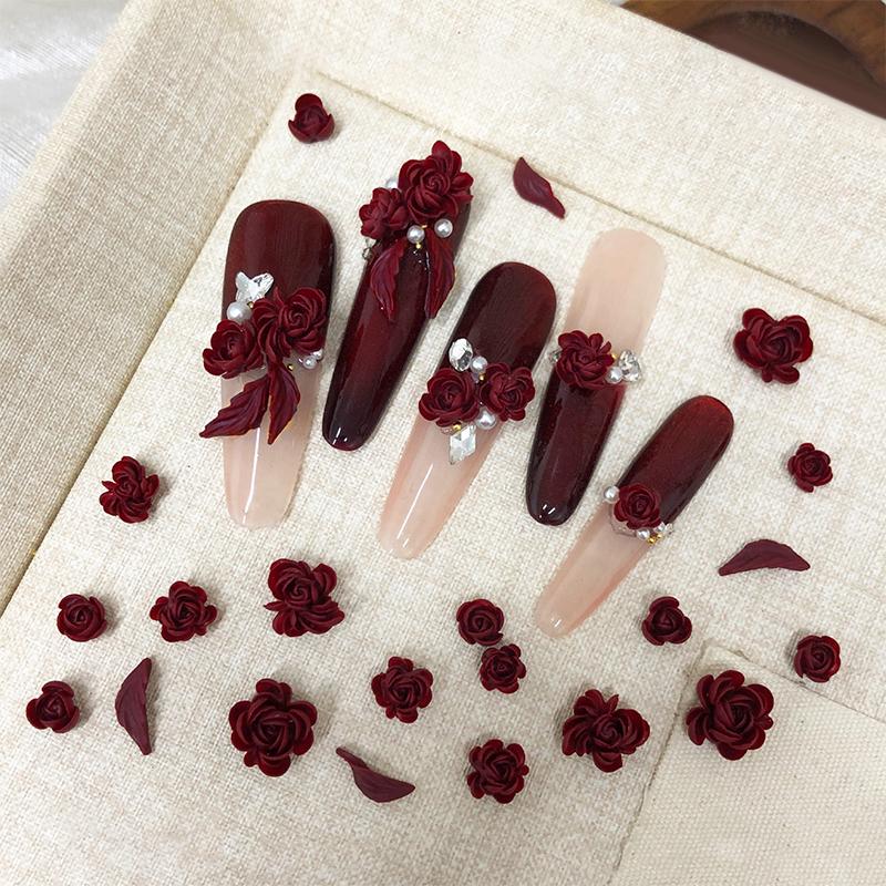 50pcs Red Rose Nail Art Charms 3d Leaves Flowers Nail Decorations Accessories For Nails Diy