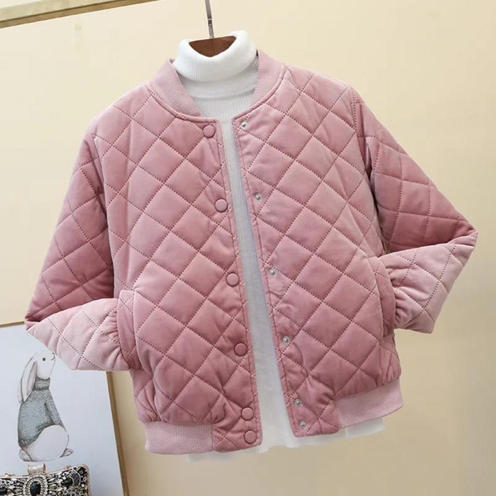 

Winter Down Padded Jacket - Rhombus Pattern, Baseball Collar, Loose, Short, Lightweight Suede Style XS