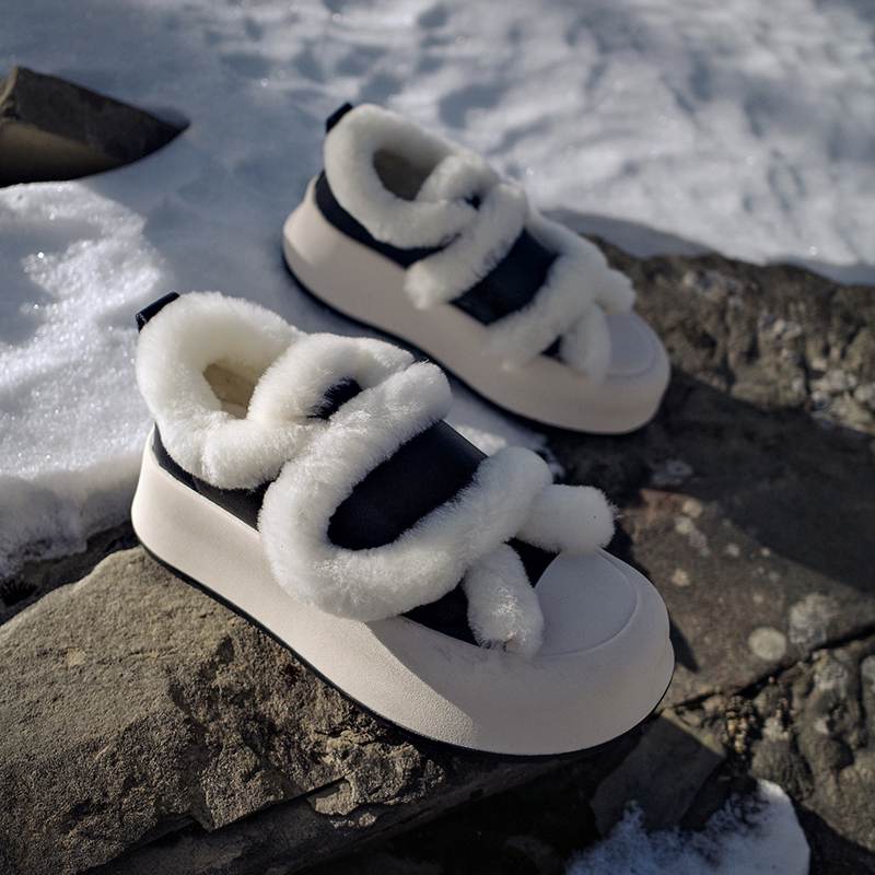 Cow Split Leather Keep Warm Winter White Sneakers Platform Women Artificial Wool Casual Shoes