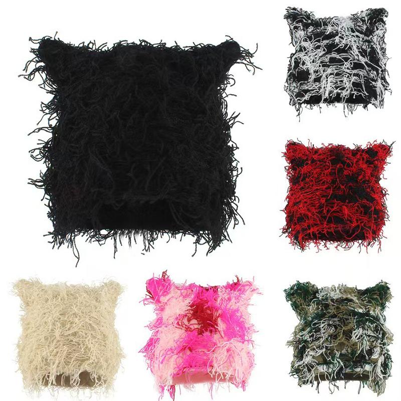 

Autumn Winter Hats For Women Cute Cat Ears Knitted Beanies Hats Unisex Fashion Street Punk Hip Hop Caps Balaclava Black