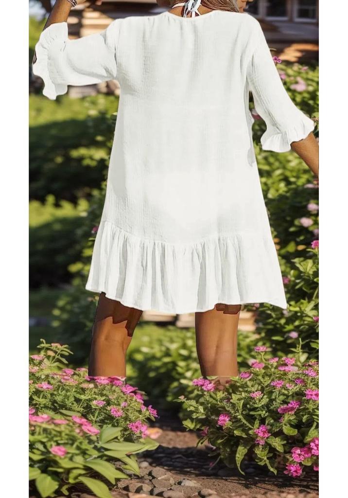 European & American Summer V-neck Ruffle Dress: Solid Color Beach Cover-up