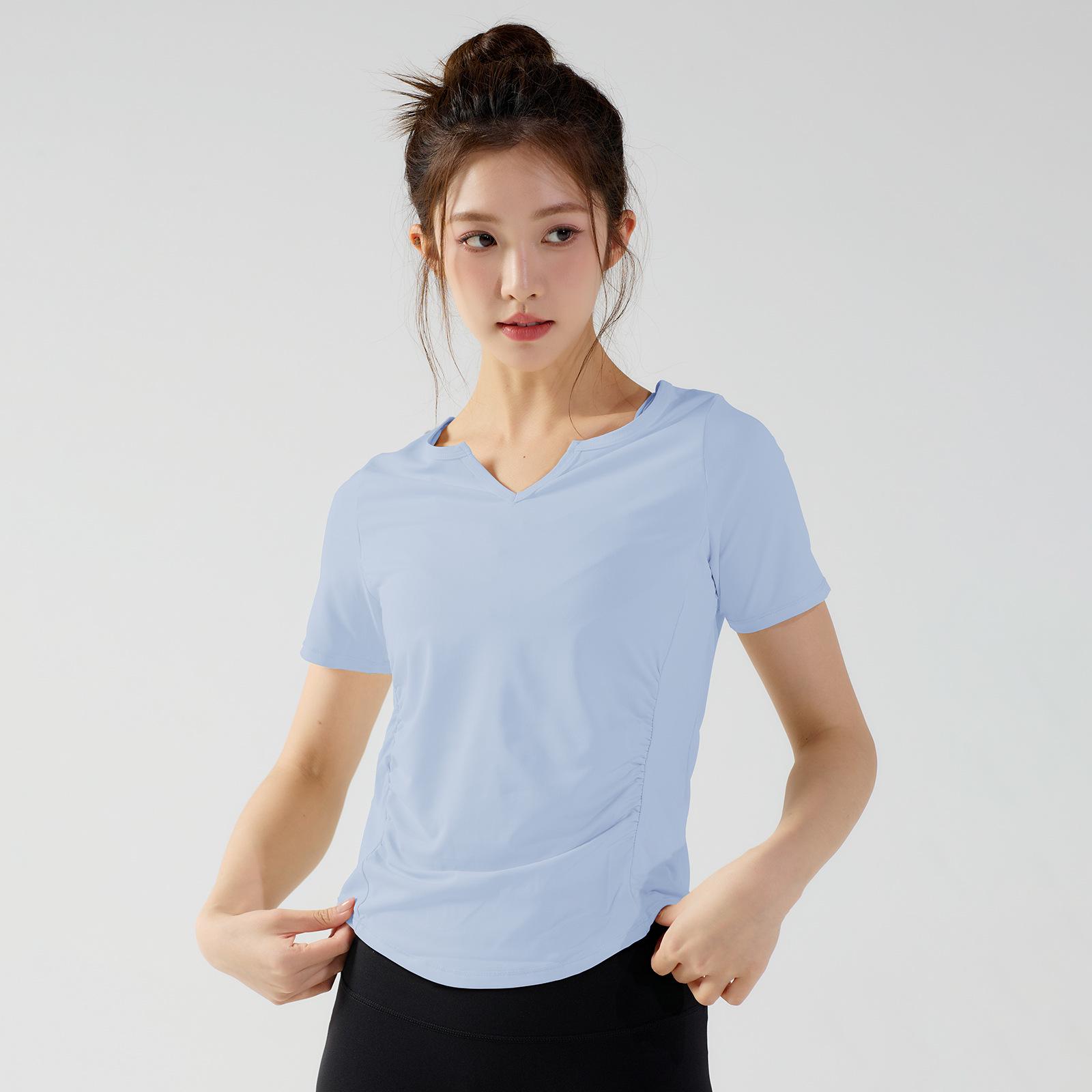 

Women s V-Neck Ruched Yoga Top - Quick-Dry, Short Sleeve, Solid Color Fitness T-Shirt for Outdoor Running XL синий