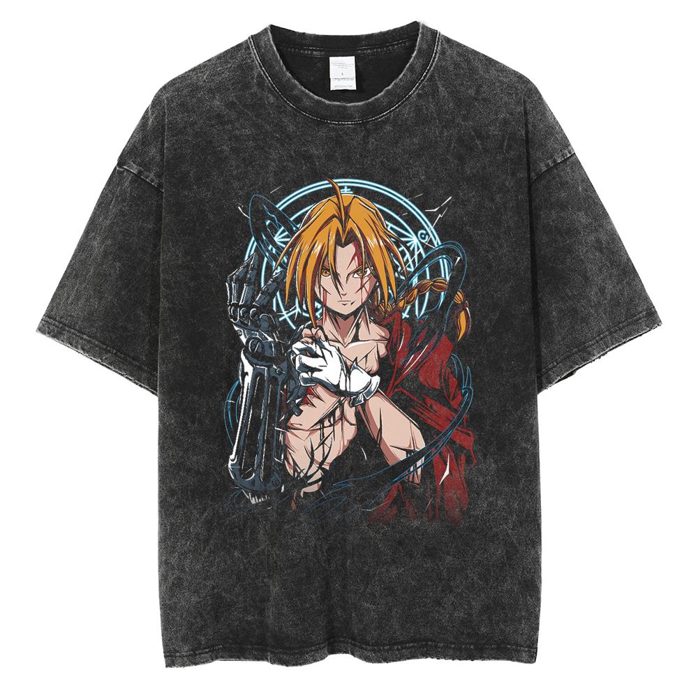 Anime Fullmetal Alchemist Logo Graphic Print T Shirt Men Women Vintage Manga Tshirts Washed Cotton Tshirt Harajuku Oversize Tee