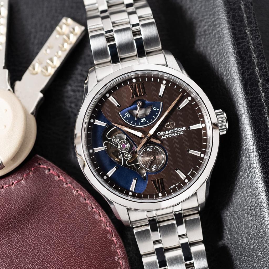 [Orient Star] Men's Japanese Automatic Watch, Layered Skeleton Design, Open Heart, Brown, Model RK-AV0B02Y
