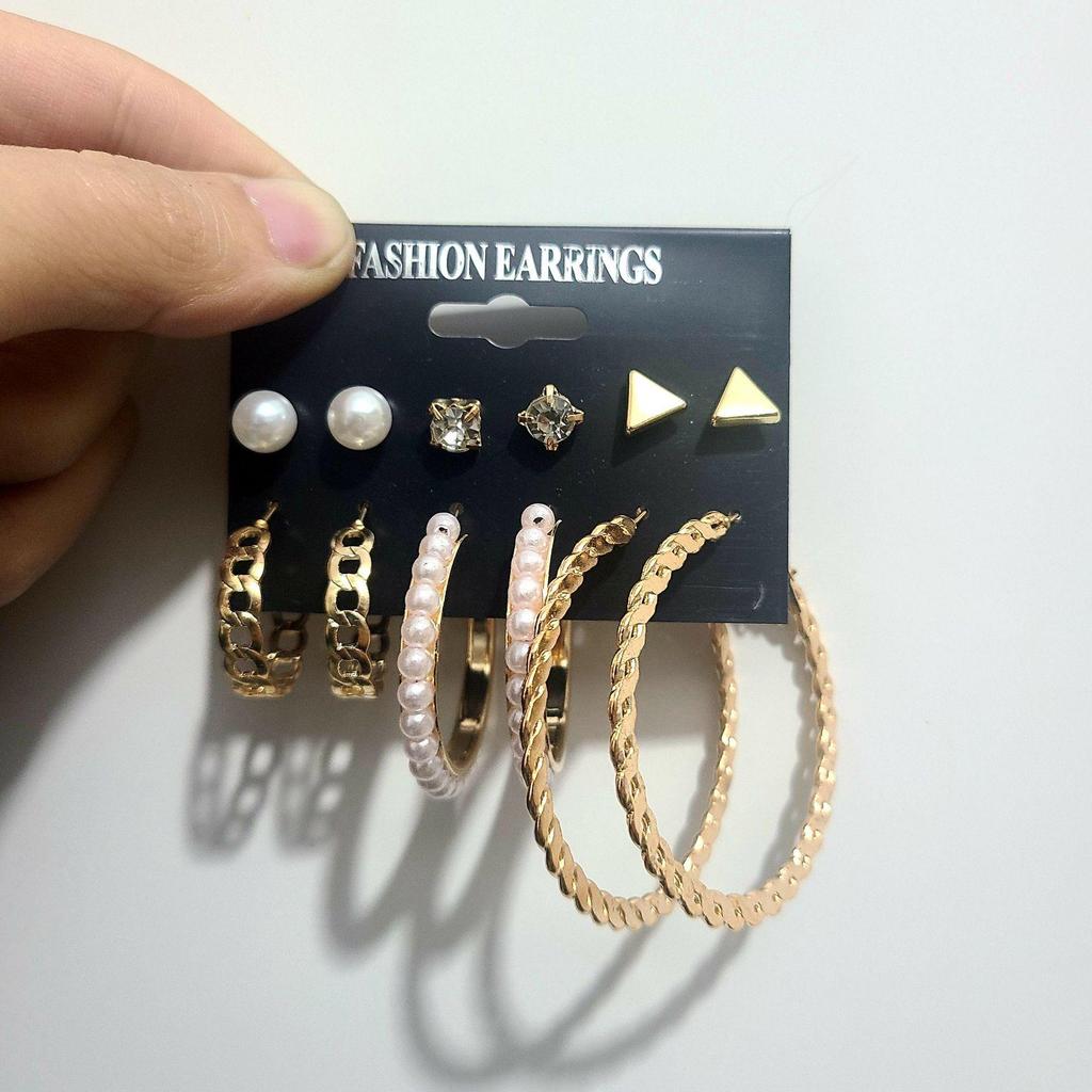 Gold-Pearl Punk Hoop Earrings Set for Women