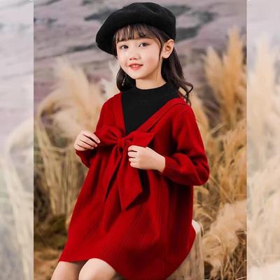 Rotes gestricktes Fake-Zweiteiler-Kleid für Mädchen, Stil 2025, Herbst/Winter Mode für große Mädchen