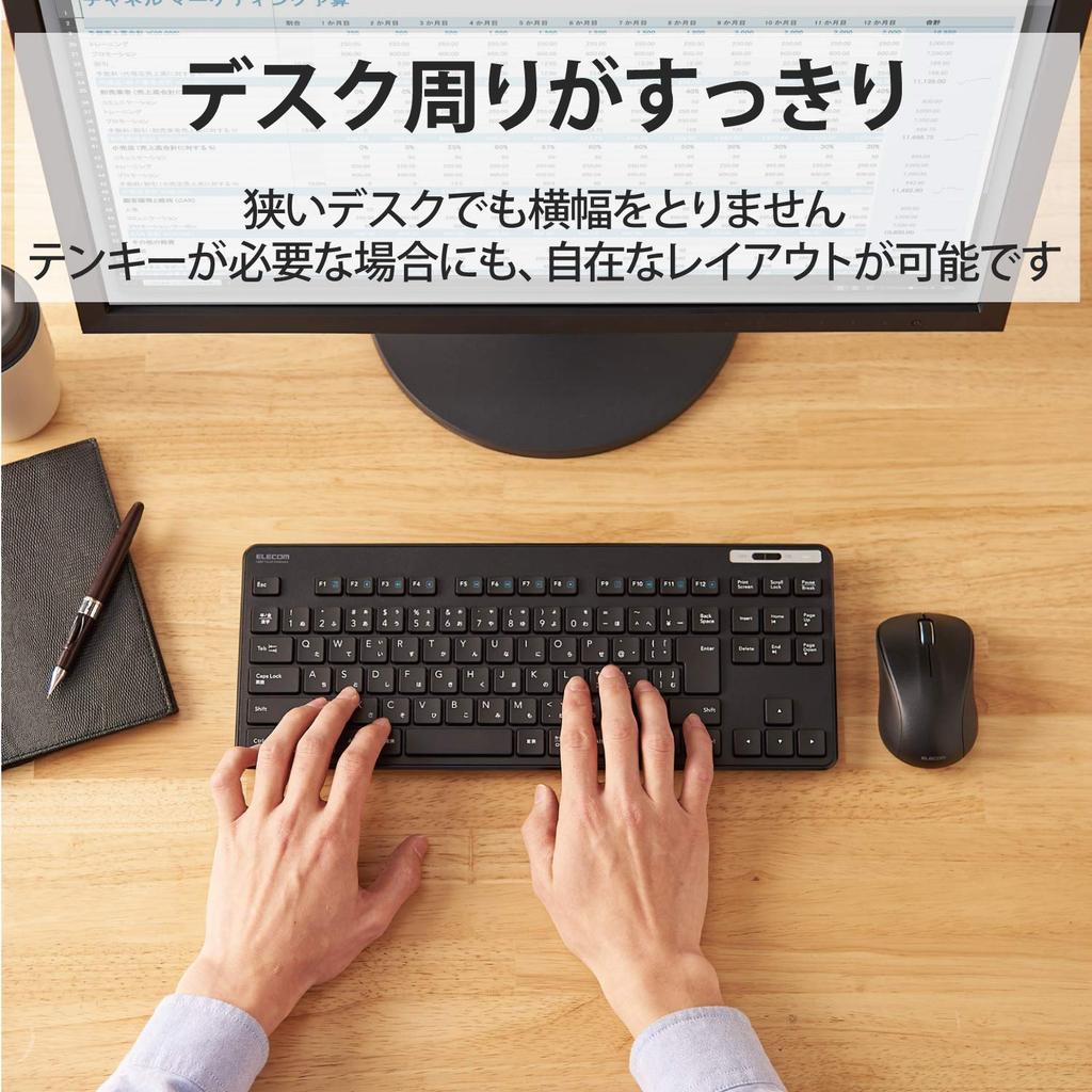 ELECOM Wireless Keyboard and Mouse Set TK-FDM109MKBK, Thin Membrane Type, Compact, Tenkeyless, Black
