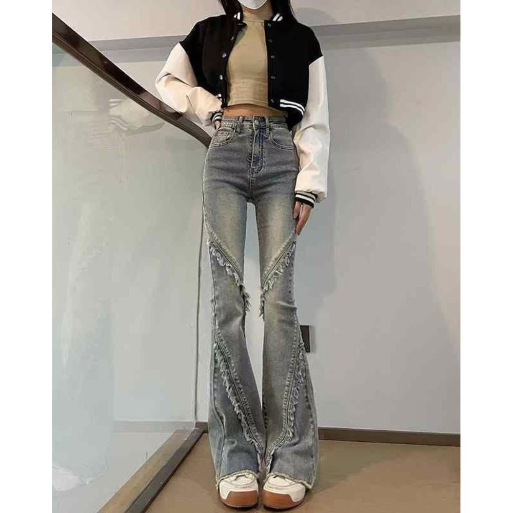 

Lazy wind slightly pulled jeans women s high waist design sense horseshoe fashion splicing rough edge micro-horn jeans XL