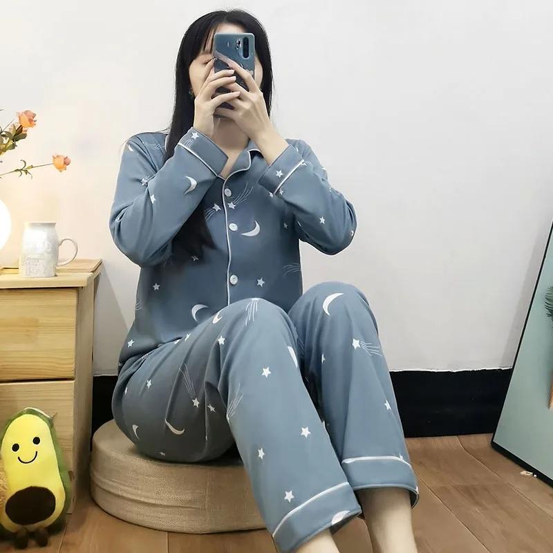 2PCS/Set Women Pajamas Long Sleeves Sleepwear Lapel Print Cute Korean Fashion Breathable Floral Casual Winter Pajamas