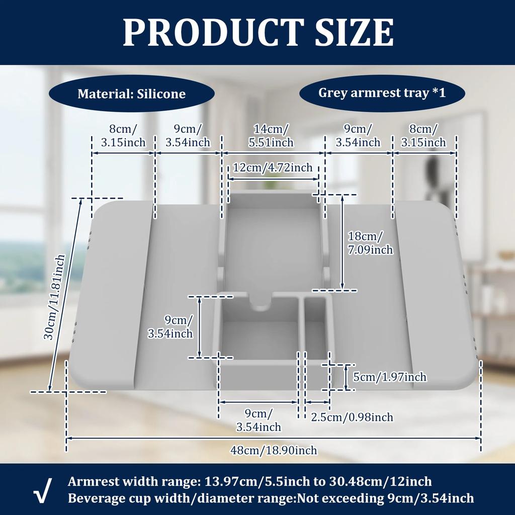 Sofa Cup Holder Silicone Sofa Armrest Tray with Side Pocket Dual Slot Beverage Snack Storage Phone Remote Control Organizer