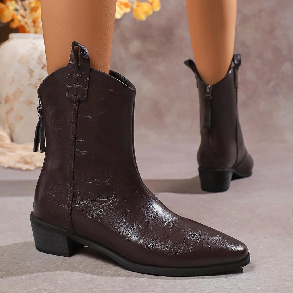 Small Short Boots Women's 2025 New Martin Boots V-mouth Soft Leather Bare Boots Pointed Brown Thick Heel Western Cowboy Boots