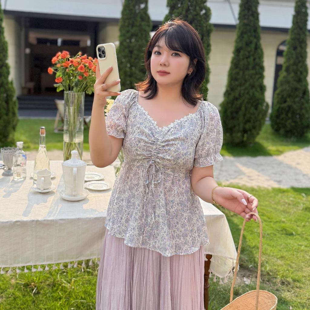 Large Size Women's French Sweet Short-sleeved Chiffon Shirt 2026 Summer Fashion Foreign Style Waist Top 254723