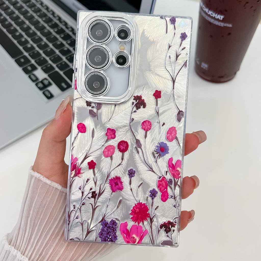 Samsung S25 Ultra Mobile Phone Case Laser Texture Flower and Grass Lens Film S24FE Bracelet A56 Electroplated Hard Shell