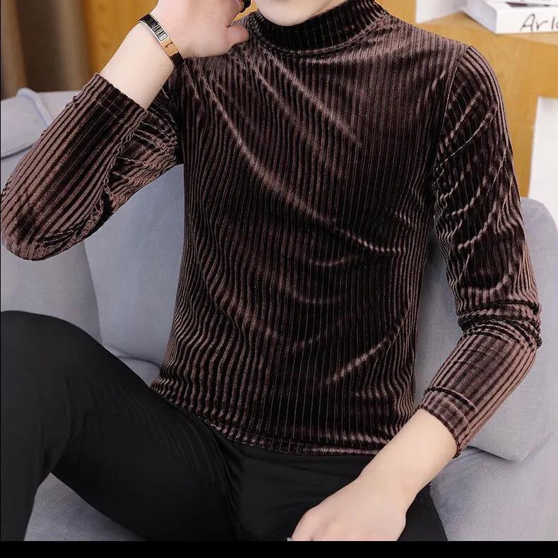 Men's Fall Half-High Neck Striped Long-Sleeve T-Shirt Slim-Fit Mid-Neck Thermal Base Layer