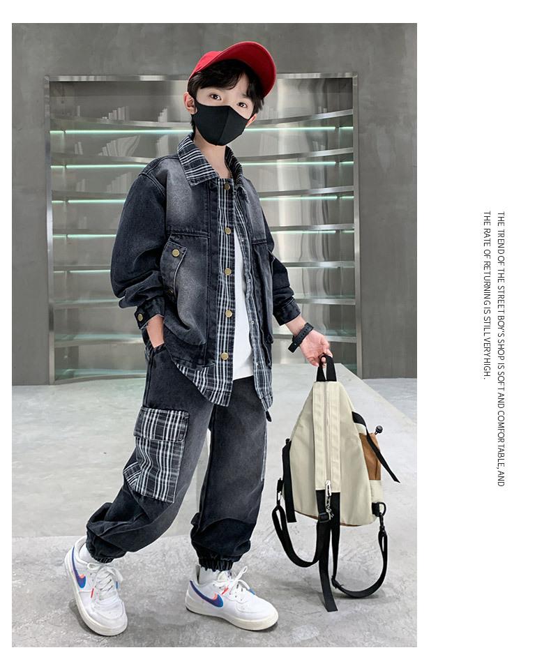 Boys' Trendy Plaid Denim Set: Spring/Autumn Korean Style 2025, Two-Piece Look for Mid-to-Big Kids