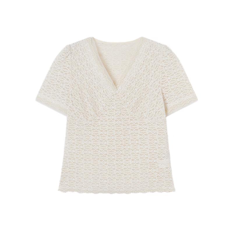 Women s V-Neck Lace Knit Slim Fit Short-Sleeve Top XL