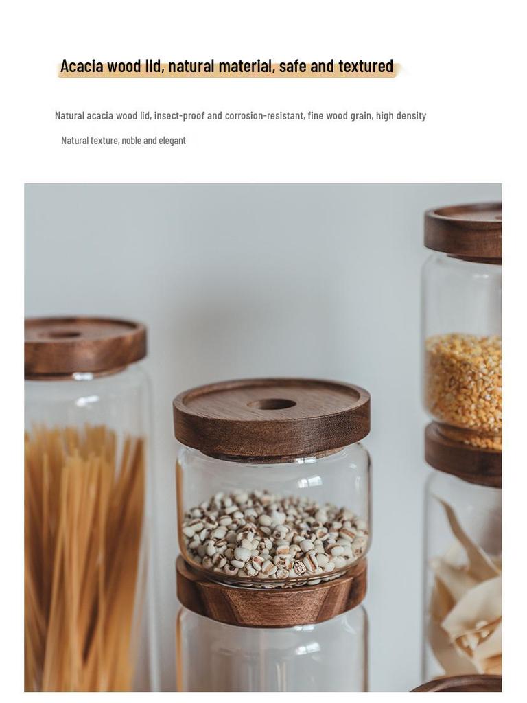 Acacia Wood-Lid Glass Jar for Coffee, Grains, Cereals, Dried Fruits, or Tea Storage