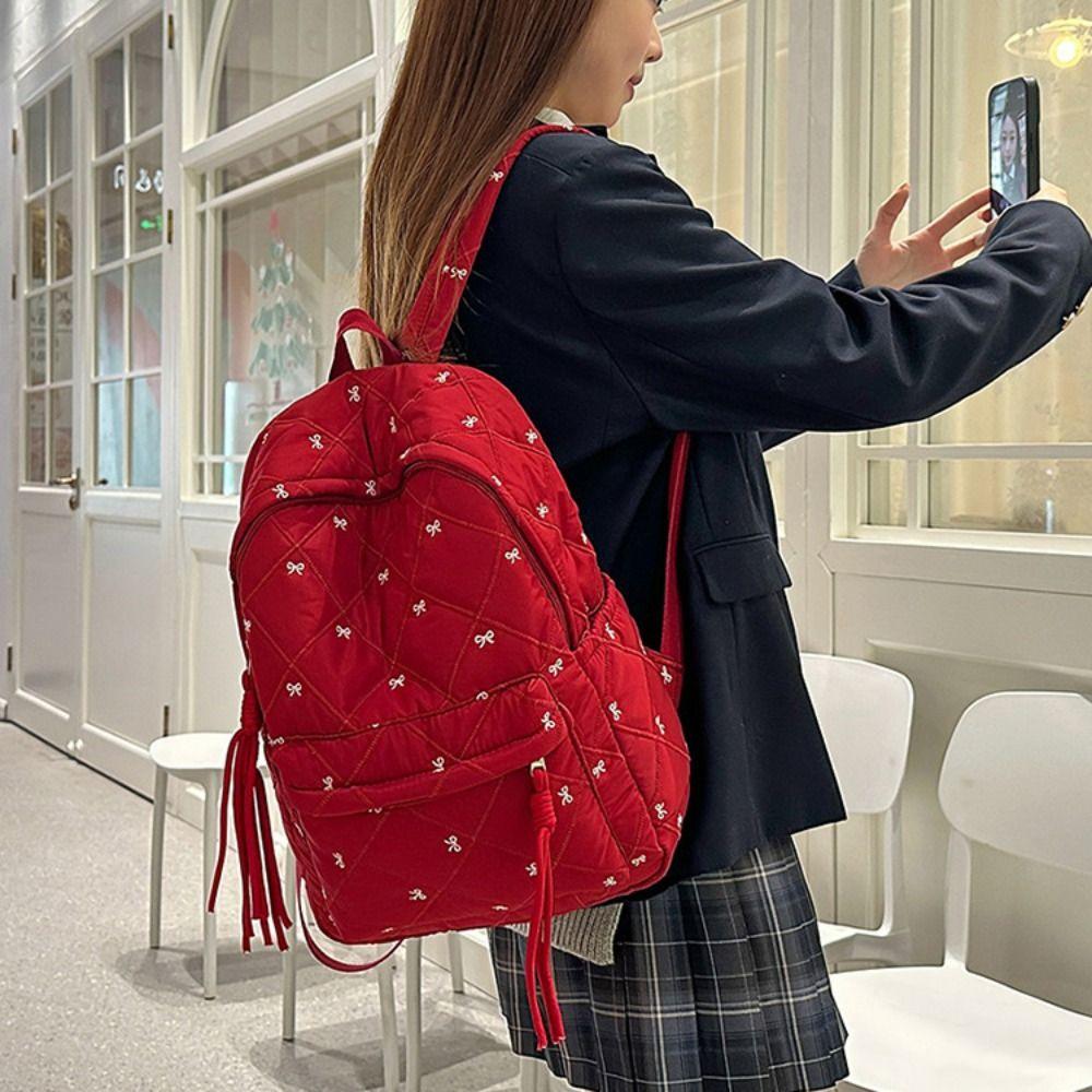 Embroidery Embroidered Bow Backpack Preppy Style Students School Bag Nylon Backpack Outdoor