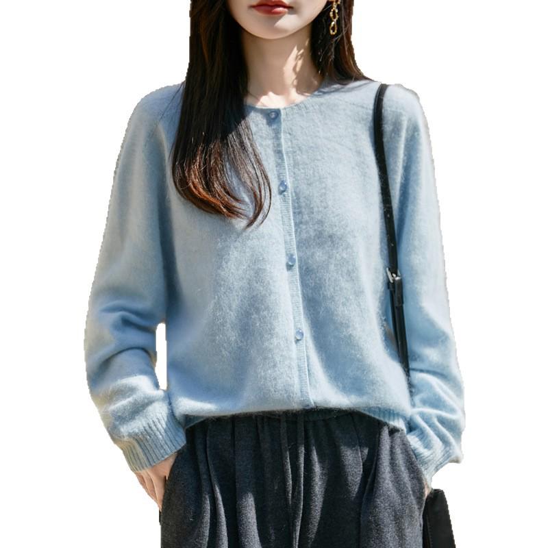 Women's Korean-Style Brushed Wool Cardigan - Round Neck, Chic Knit Outerwear Sweater, New for 2025.