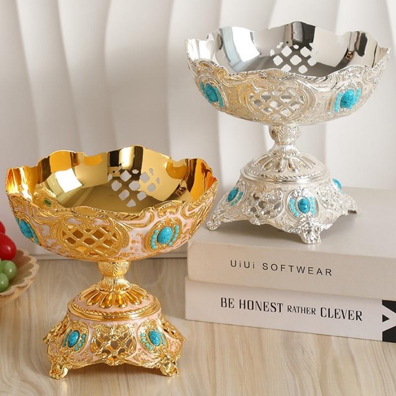 European Fruit Plate,Inlaid Gem Alloy Exquisite Luxury Hollowed-Out Shape Tall Feet 18cm Tray,Food Snack Disc,Wedding Decoration
