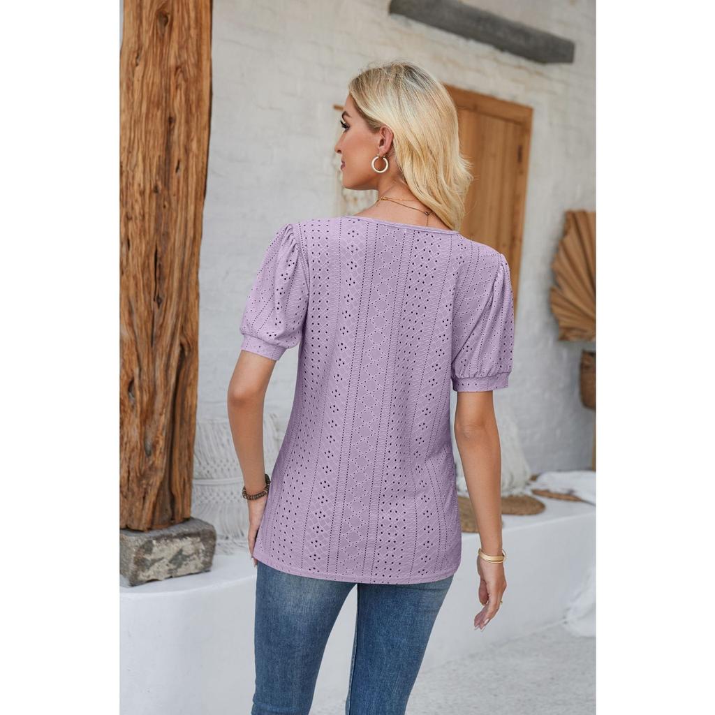 GMXIA Women's Spring Summer Buttoned Round Neck Puffy Sleeve Loose Solid Color T-shirt