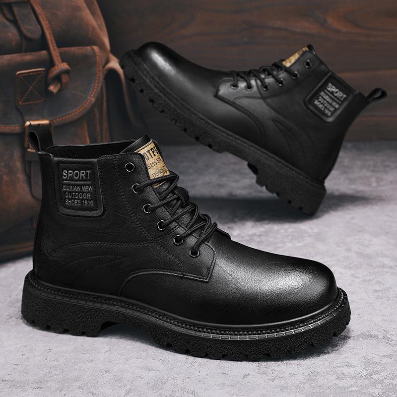 Black Genuine Leather Men's Boots Four Season Fashion New Casual High Top Boots Casual Anti Slip Thick Sole Height Increasing