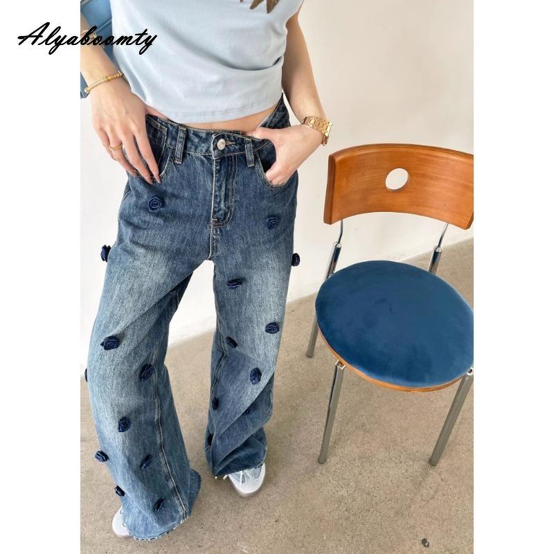 Korean Fashion Spring Autumn Women Straight Jeans High Waist Rose Casual Loose Jeans Elegant Stylish Feminine Ladies' Jeans