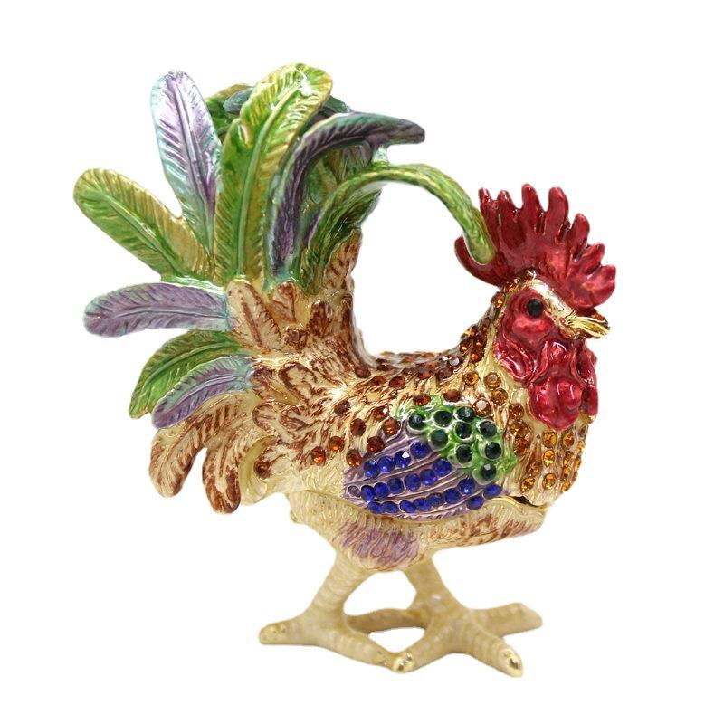 Metal Craft Enamel Jewelry Box, Handmade Crafts, Home Decor, Golden Rooster Trinket Box Gift for Friend Ornament for Counter