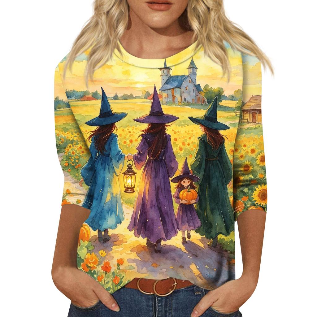 Women's Fashion Casual Halloween Print 3/4 Sleeve T-Shirt with Round Neck