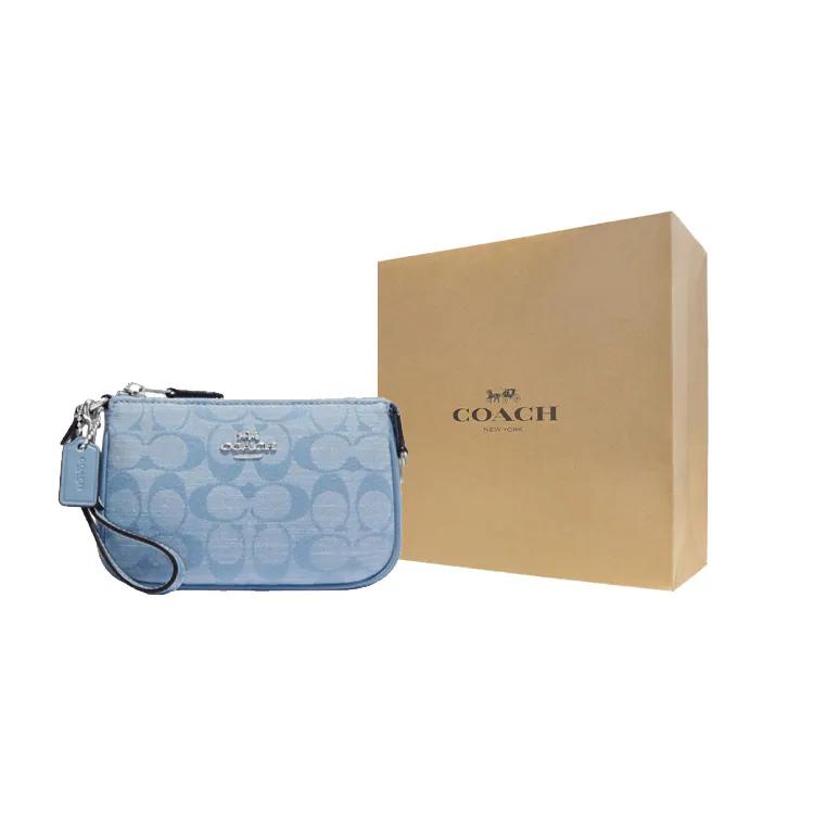 COACH Nolita Jacquard Fabric , Cow Split Leather , Chambray Handbag Clutch Mini Women's Light Blue (Unisex) Clutches CI027 SVM6A