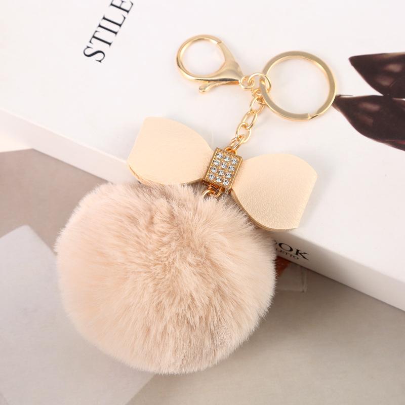 Faux Fur Pom Pom Keychain Women Girls Plush Ball Bag Backpack Pendant Creative Rhinestone Pu Leather Bow Car Keyring GiftS