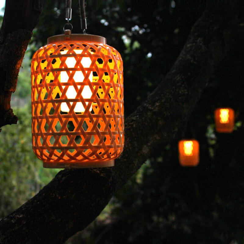 Solar Woven Bamboo-Look Outdoor Lantern