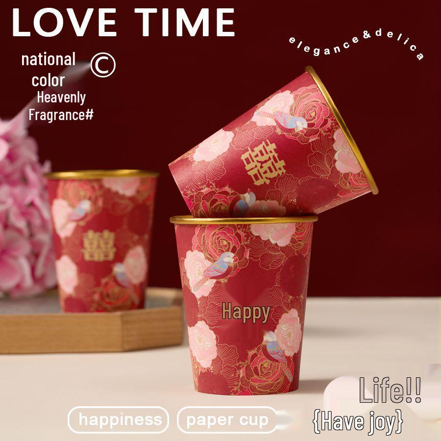 

Gold Foil Wedding Paper Cups: Disposable, Thickened, Double Happiness Design for Tea Ceremony & Toasting Banquets.