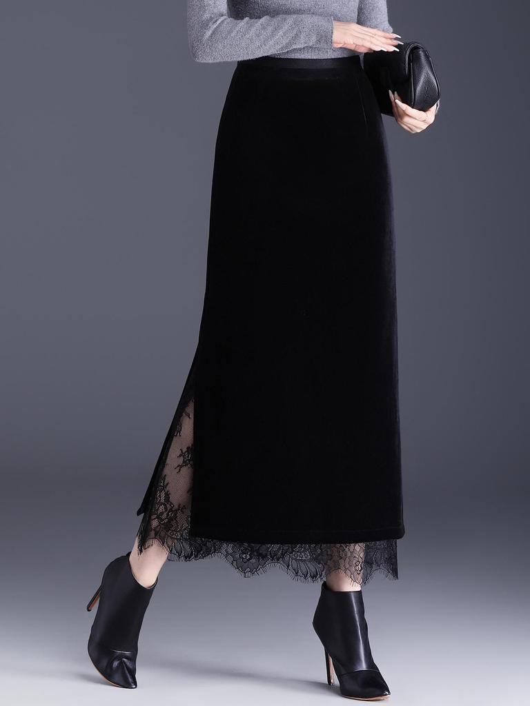Lace-Trimmed High-Waist Slimming Midi Pencil Skirt with Slit (Winter 2025)