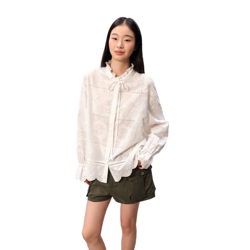 GREEN BELT Women s Embroidered Ruffled Cotton Blouse L