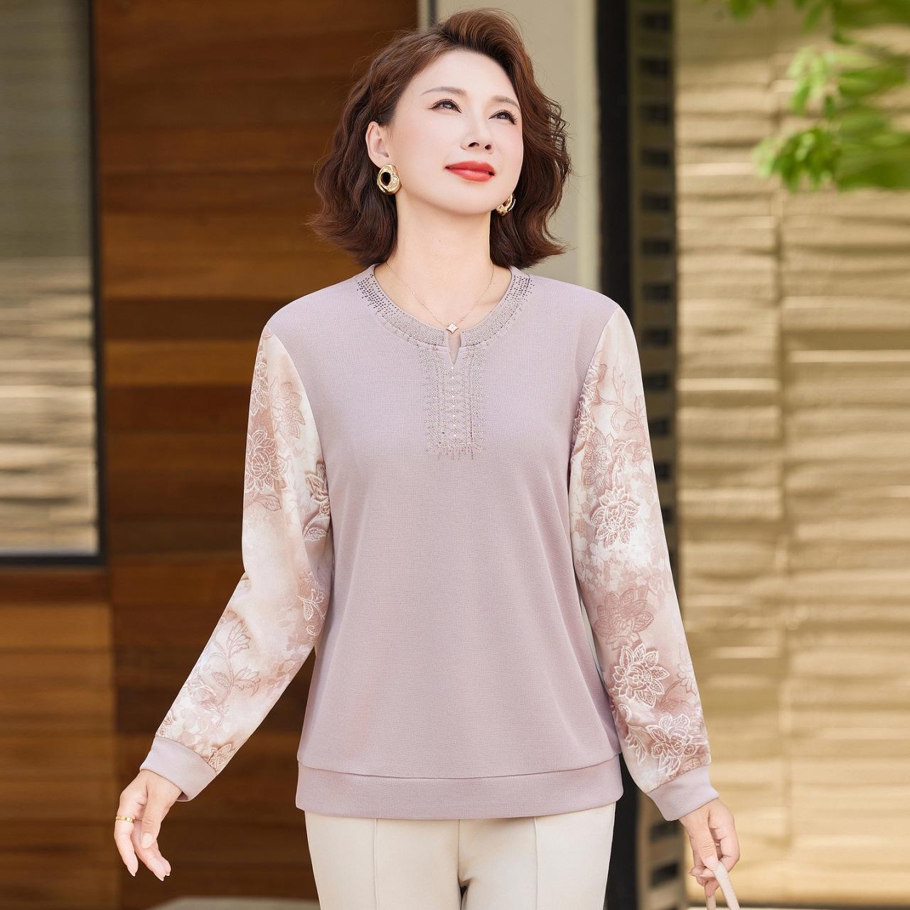 

2026 Autumn Long-Sleeve Printed Patchwork Pullover for Middle-Aged and Elderly Women 4XL (67.5-72.5 kg) рожевий