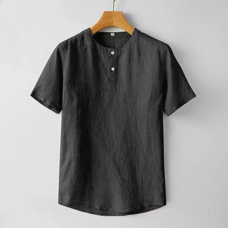 Casual Men's Cotton Linen Blouse Summer Spring O-Neck Button Short Sleeve Beachwear Holiday Blouse Tops