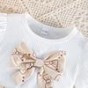 2PCS Baby Girl Puff Sleeve Ribbed Top & Bow Print Pleated Skirt Set, Cute Daily Outfit