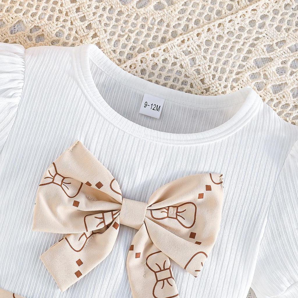 2PCS Baby Girl Puff Sleeve Ribbed Top & Bow Print Pleated Skirt Set, Cute Daily Outfit