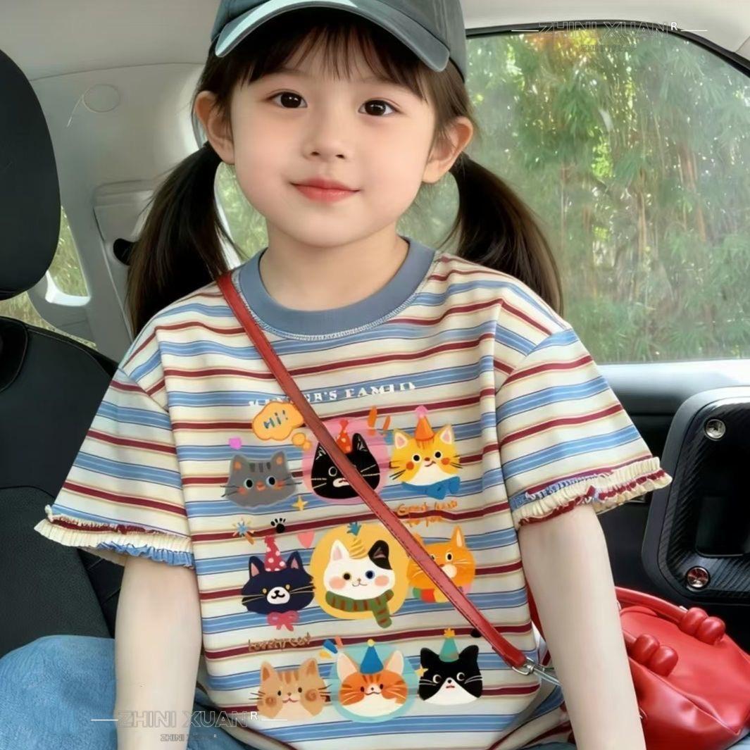 Girls Korean Style Color Block Cartoon T-Shirt - Trendy Summer Pure Cotton Striped Short Sleeve 100cm