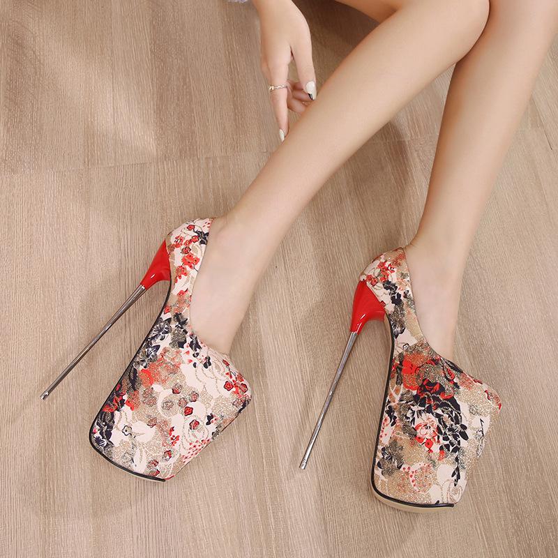 New 22cm Women's Shoes, Metal Iron Heel Large Size Fake Girl 30cm Thin Heel Lace Nightclub High Heels