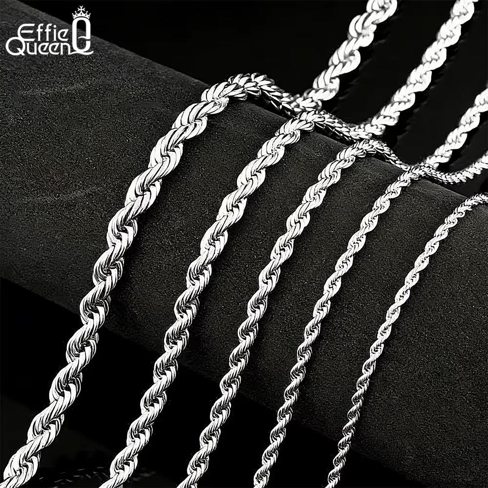 EFFIE QUEEN Real 925 Sterling Silver Diamond Cut Twist Rope Figaro Cuban Snake Bead Box Link Chain Necklace DIY Fine Jewelry SC
